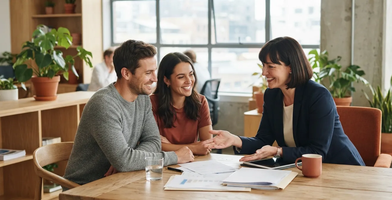 A broker leaning over a table explaining options to a couple, all three looking relaxed.