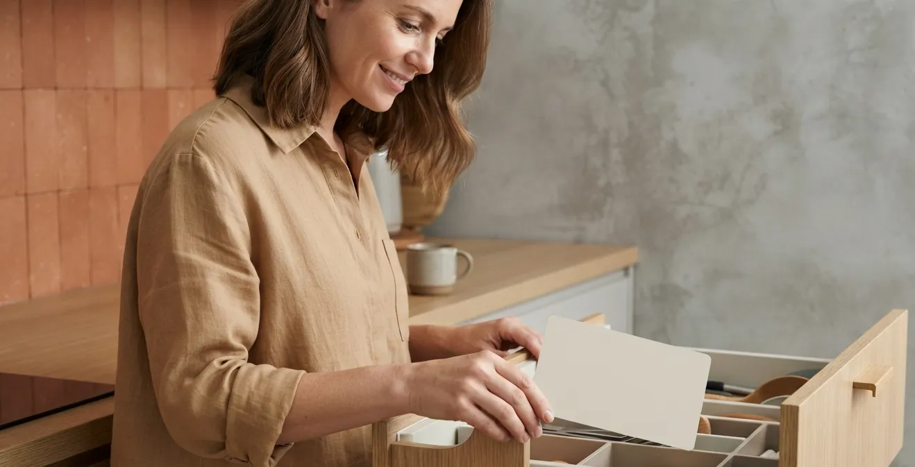 A person at a kitchen bench putting an unused credit card away in a drawer, looking satisfied.