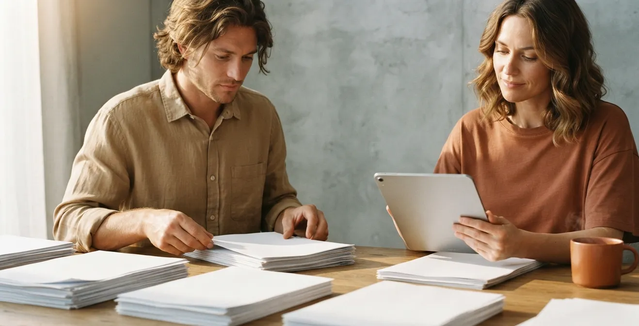 Two people at a dining table sorting paperwork into neat piles, one holding a tablet.