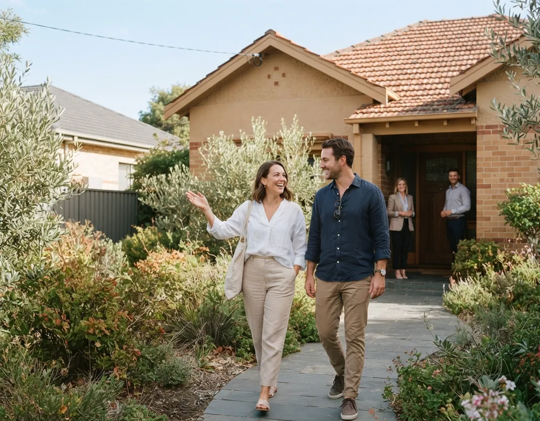A couple walking back down the front path from an open inspection on a bright morning, talking as they go, with people still at the open front door behind them.