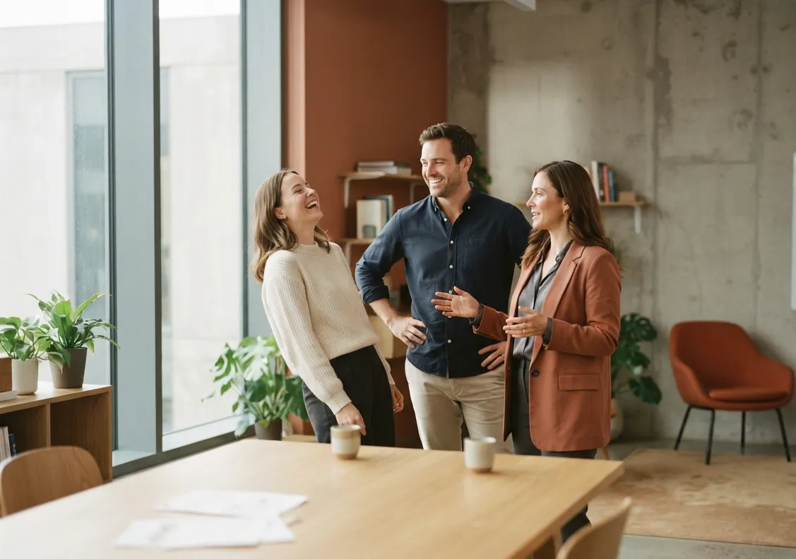 A couple and a broker standing and talking easily in a bright office after a meeting.