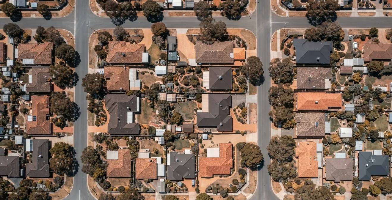 An aerial view of established suburban blocks with mature trees and back gardens.
