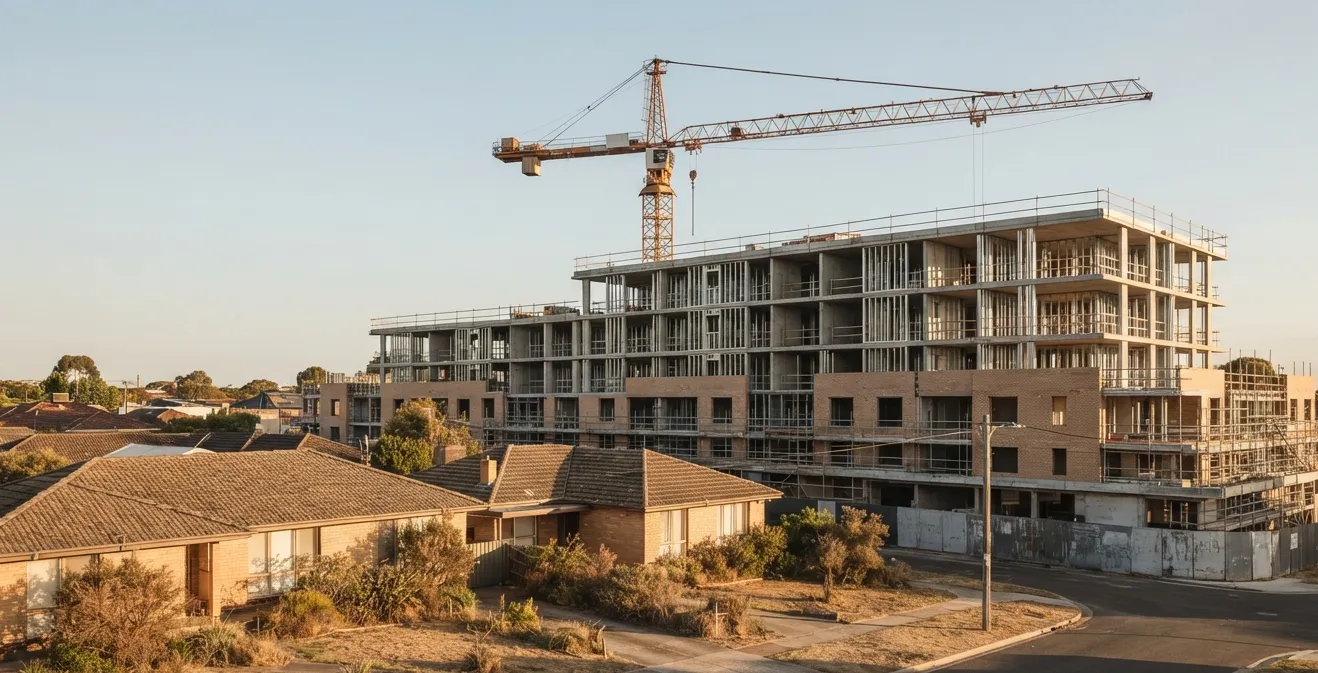 A construction crane above a partly built apartment development beside older homes.