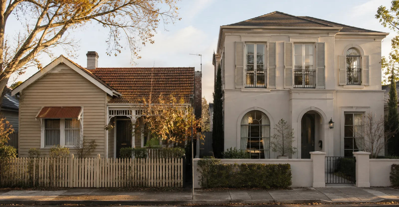 An established weatherboard home beside a newly built house on the same street.