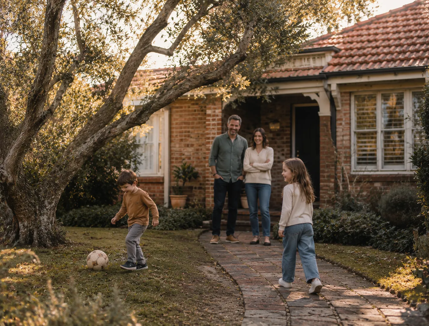 A family in the front garden of a home they have clearly lived in for years.