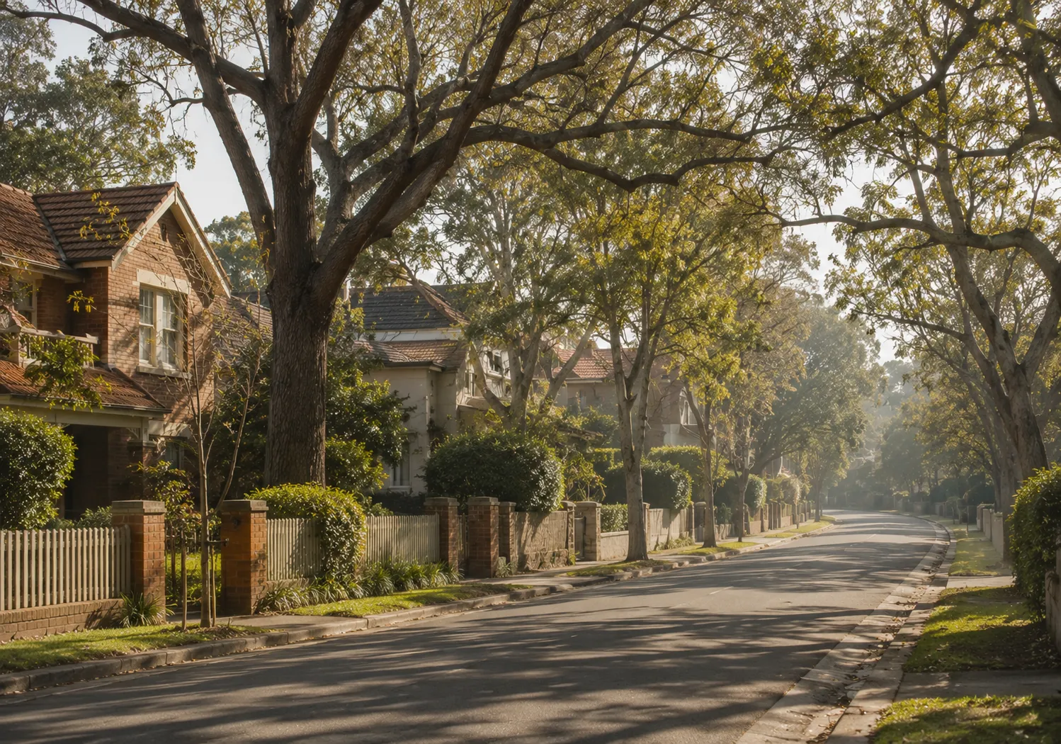 A leafy established suburban street photographed in soft morning light.