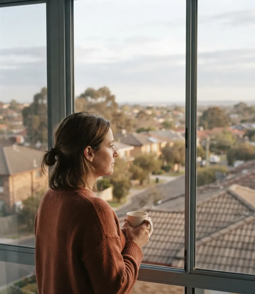 A person standing at a window above established suburban rooftops, looking out over the neighbourhood.