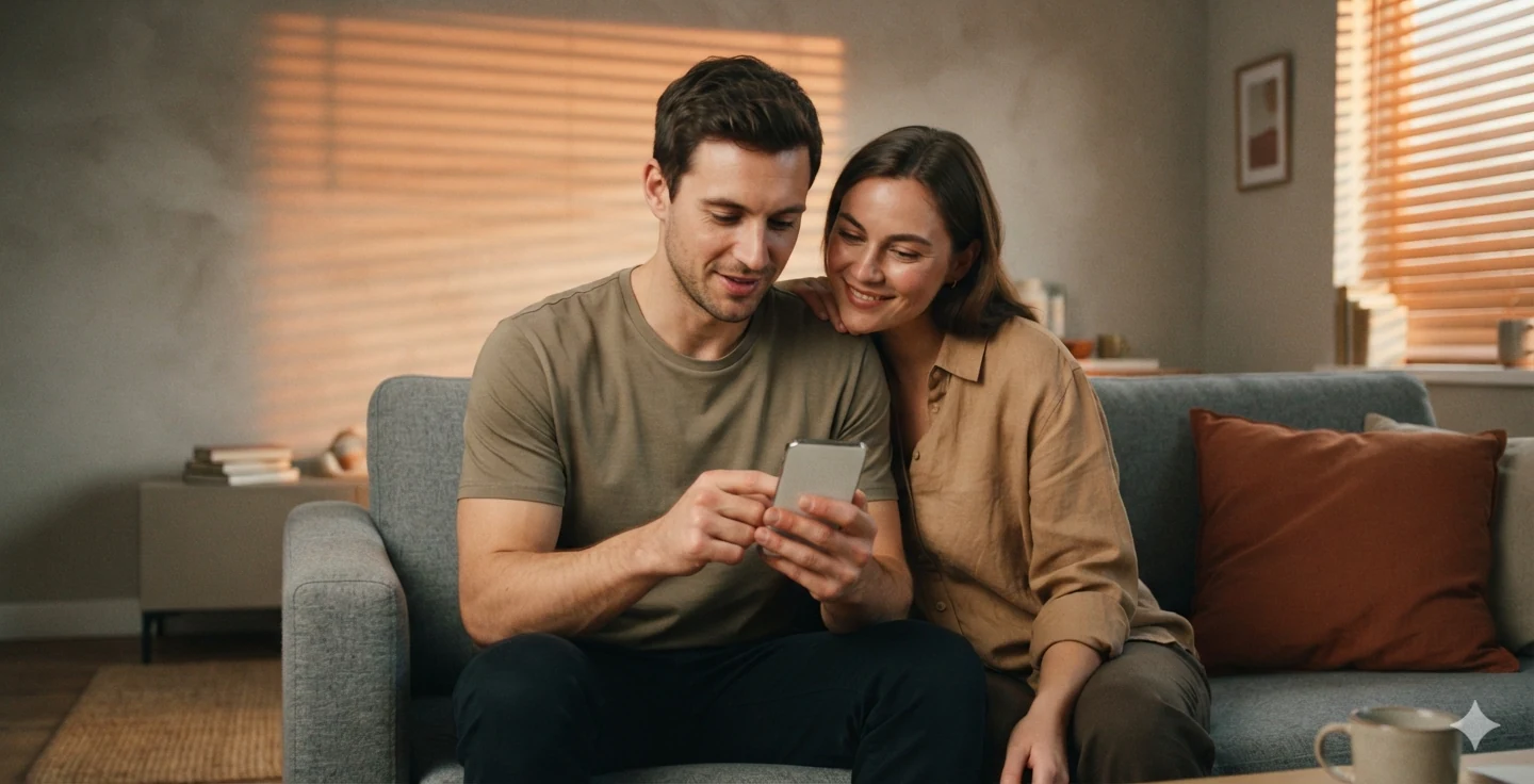 A couple sitting close together on their couch in warm evening light, looking at a phone together and smiling.