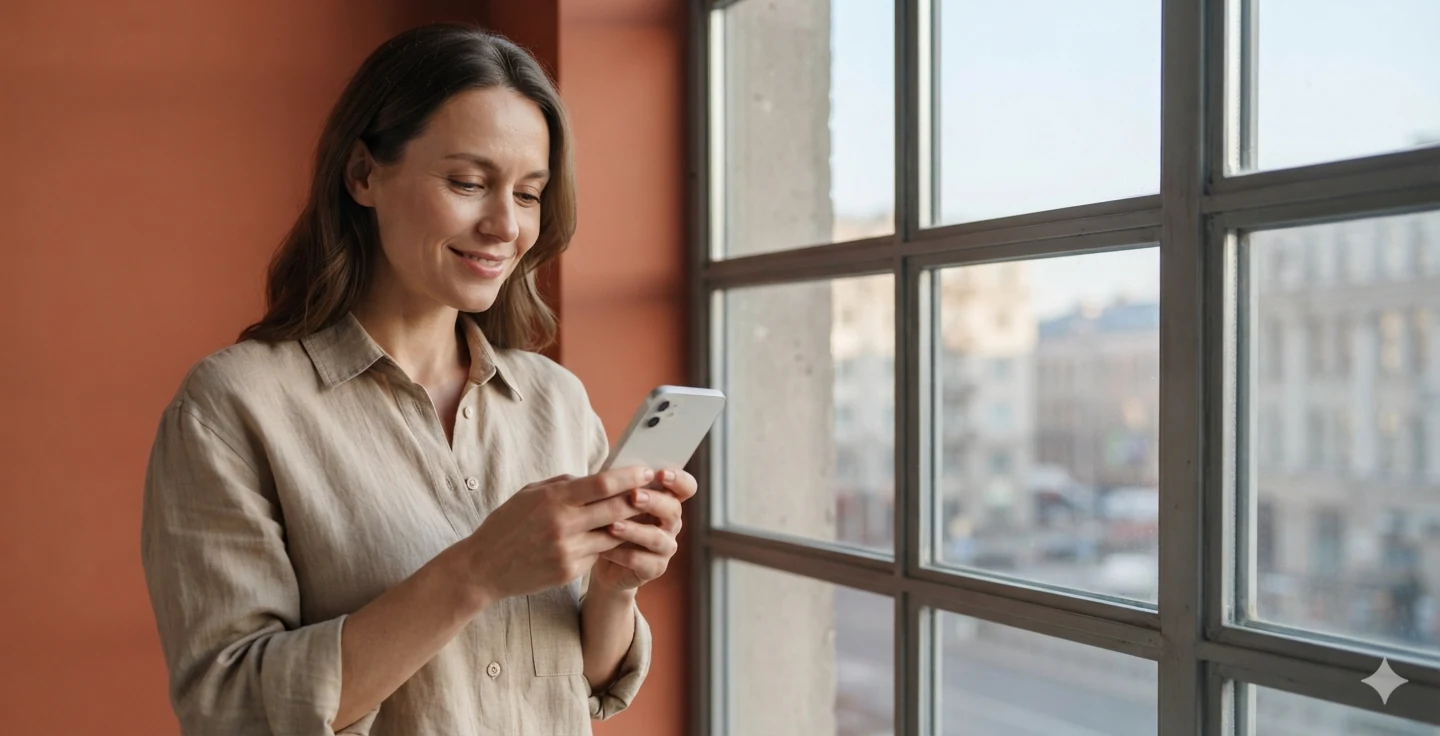 A woman by a window in morning light, checking her home loan on her phone.