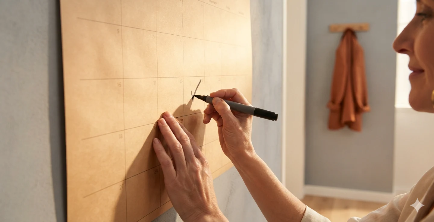 Someone marking a date on a large paper wall planner in a sunlit hallway.