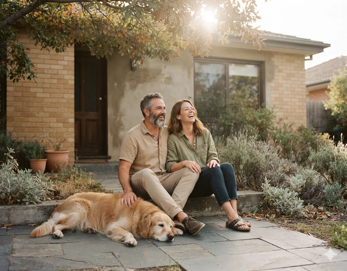A couple sitting on their front step in golden afternoon light, laughing, with a golden retriever stretched out on the paving beside them.