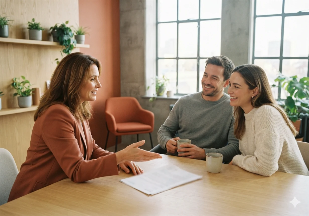 A mortgage broker talking a relaxed young couple through their home loan options at a sunlit table.