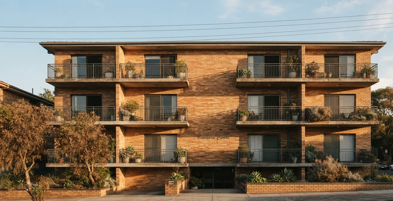 The facade of a low-rise apartment block with balconies in warm afternoon light.