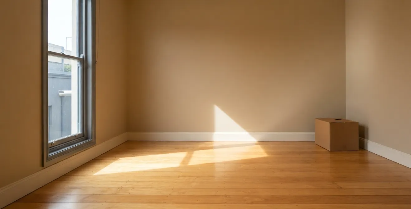 An empty room with bare floorboards and a window, waiting for the next tenant.