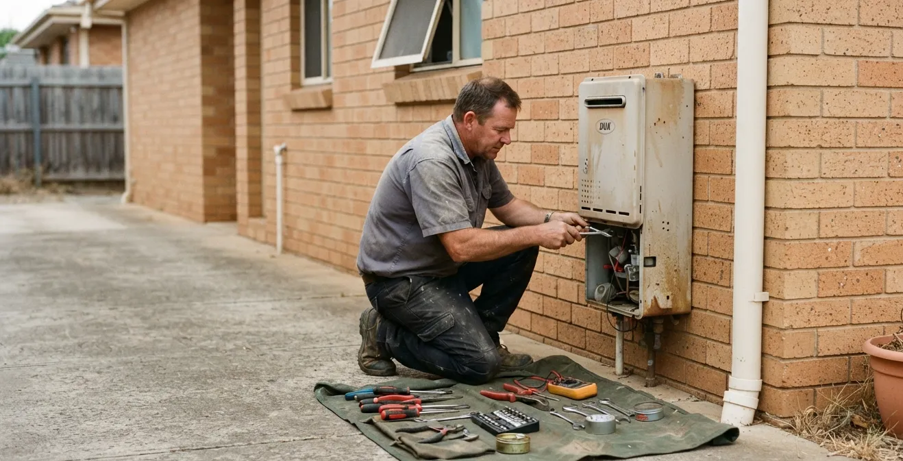 A tradesperson working on a hot water service at the side of a house.