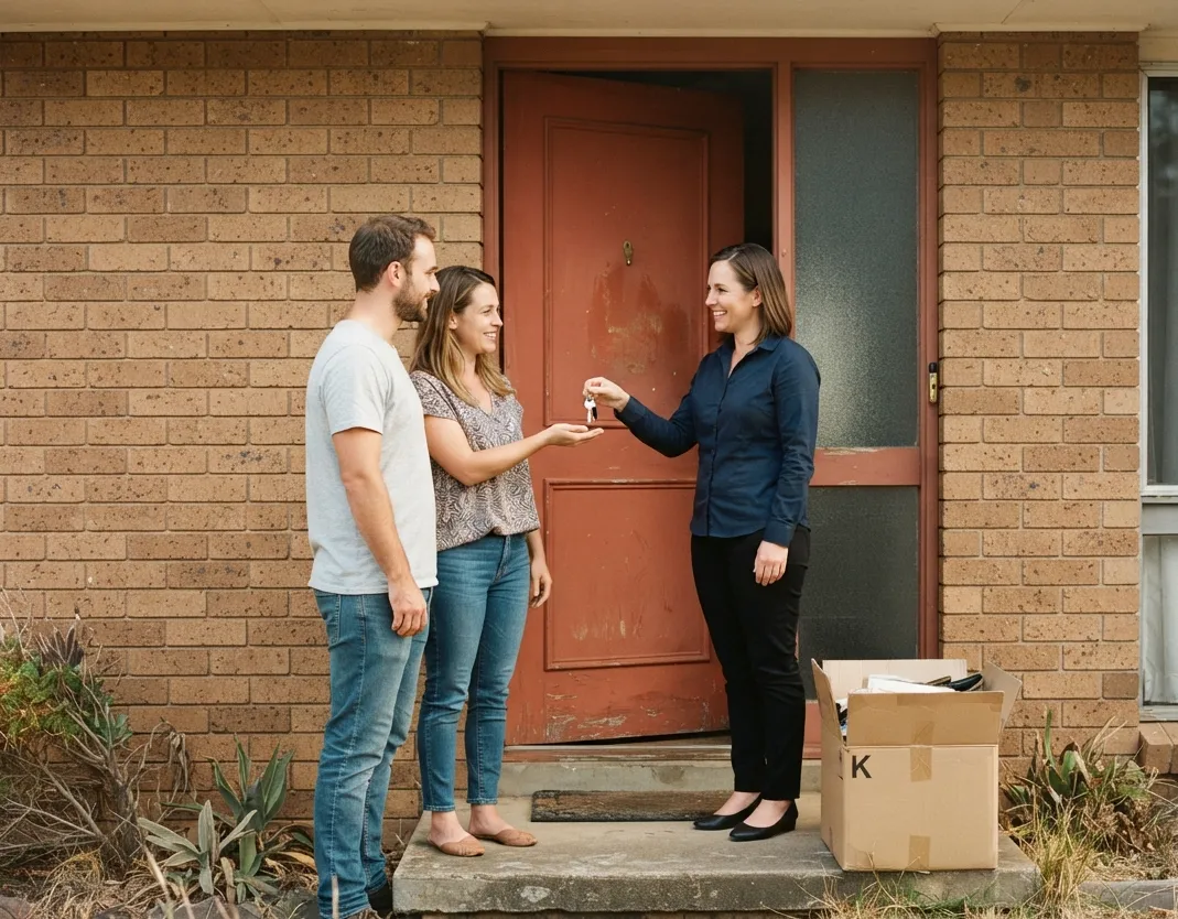 A property manager handing keys to new tenants at a front door.