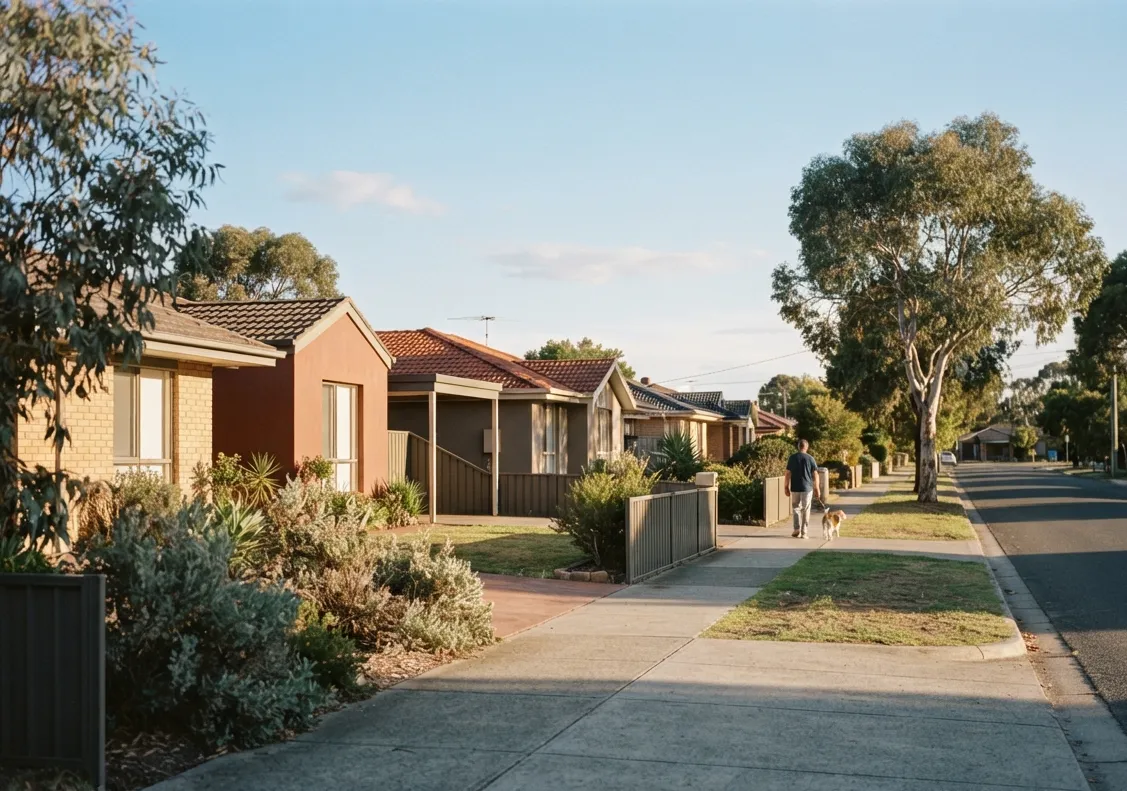 A suburban street of similar homes in late afternoon light, seen along the footpath.