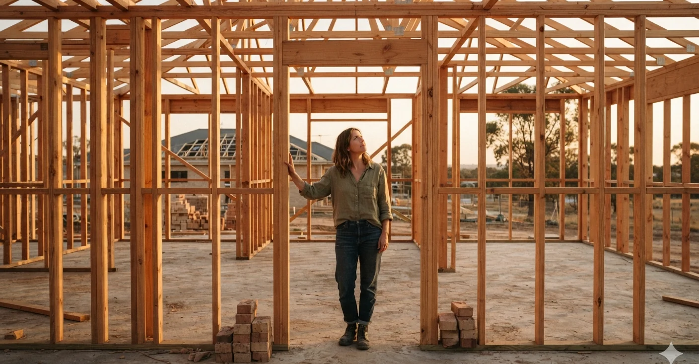 A woman standing inside the timber frame of a house under construction, looking up at the roof trusses.