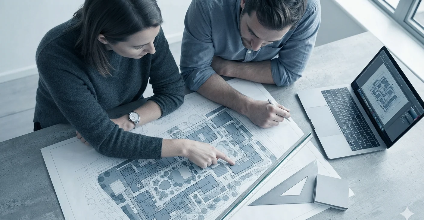 Two people leaning over a large printed site plan on a desk, one pointing at a detail.