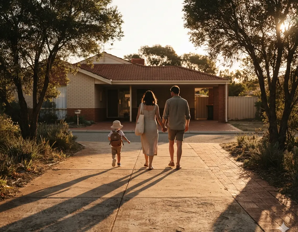 A family of three walking up the driveway of a suburban home in late afternoon light, seen from behind.