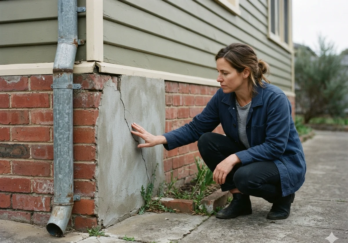 A woman crouching beside a house, resting her hand on the rendered foundation wall and examining a crack running through it.