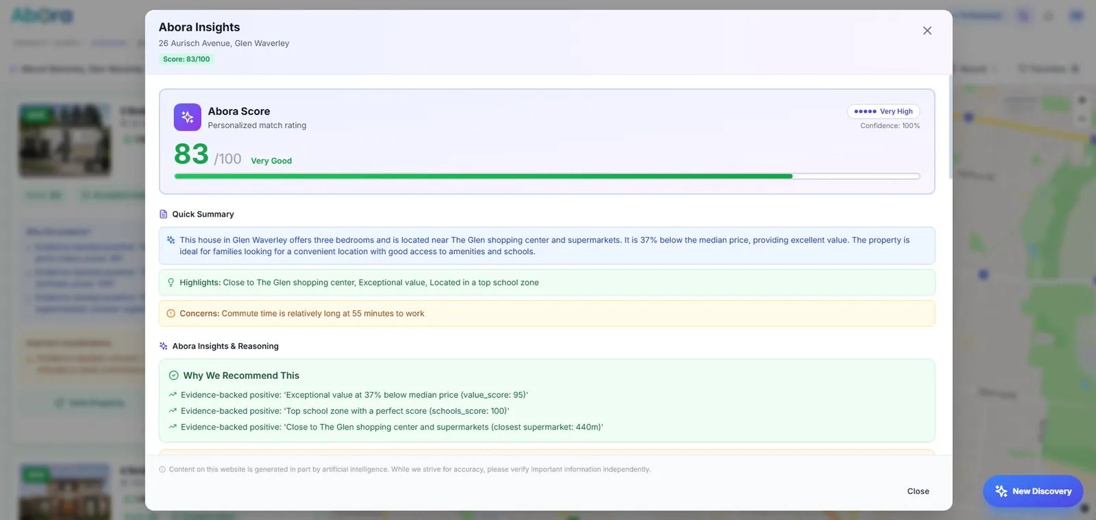 The reasoning panel for a single property, showing commute times, school zones and nearby amenities behind the score.