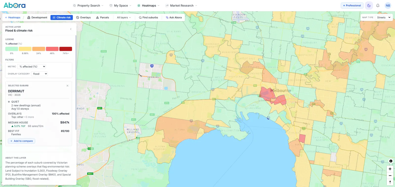 Map Studio showing the share of each Melbourne suburb covered by flood and bushfire planning overlays.