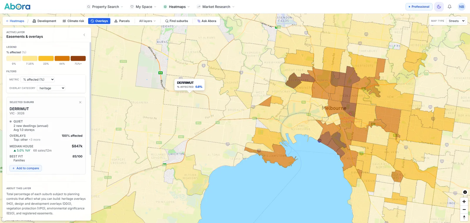 Map Studio showing planning constraint coverage across Melbourne suburbs, including heritage and vegetation overlays.