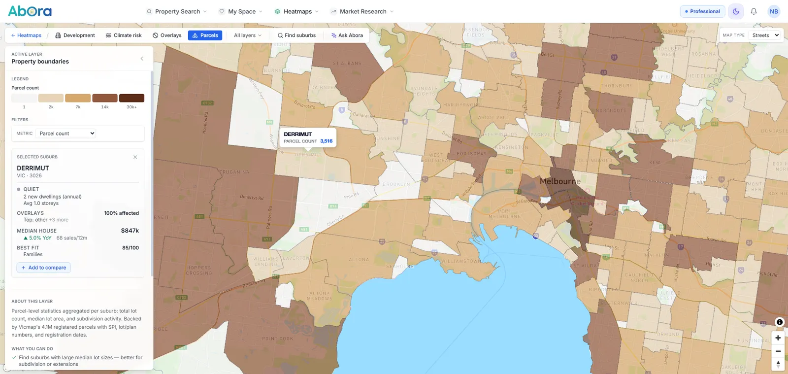 Map Studio showing median lot size across Melbourne suburbs, drawn from registered parcel boundaries.