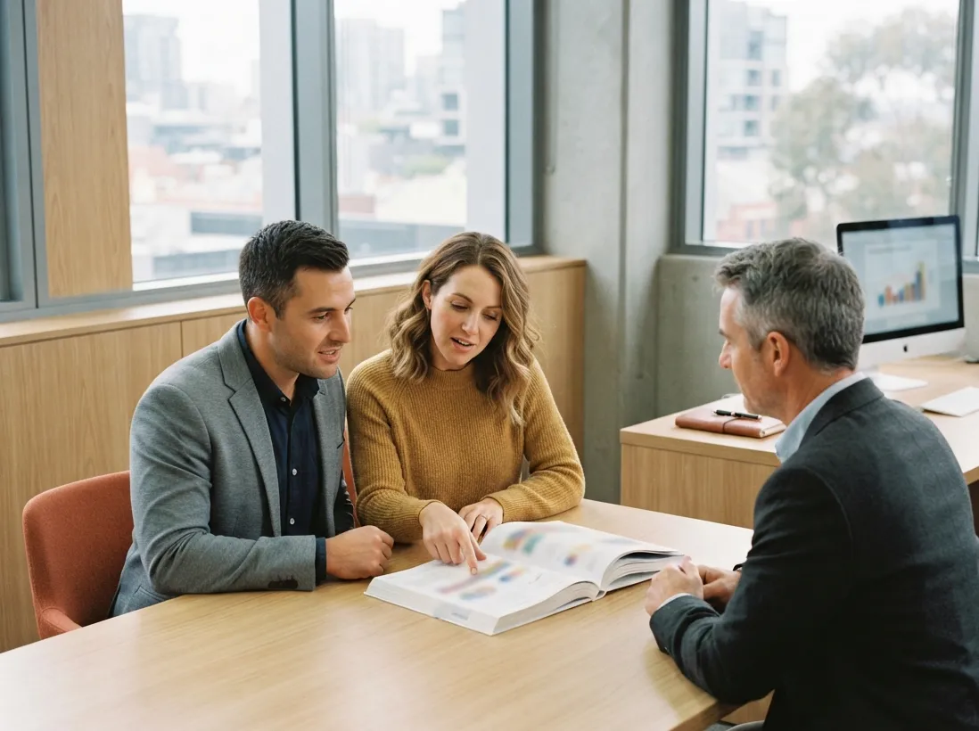 A couple across a table from an adviser, a printed report open between them, one of them pointing at a page.