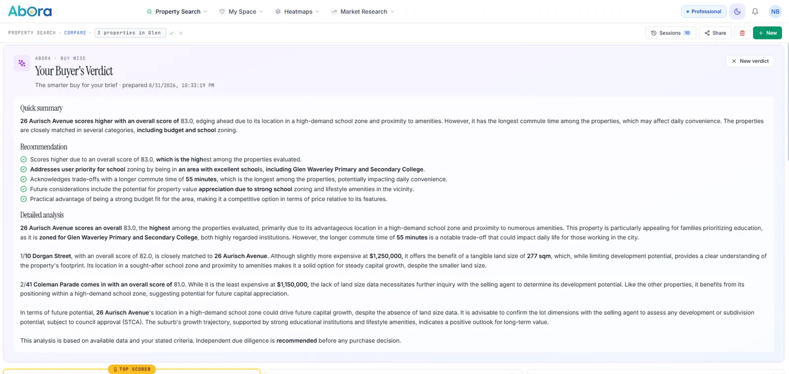 The AI analysis panel showing a recommended property, a short summary and per-property notes.