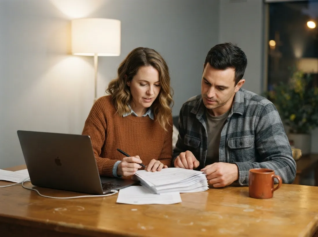 A couple at a dining table working through property paperwork beside an open laptop, ticking items off a list.