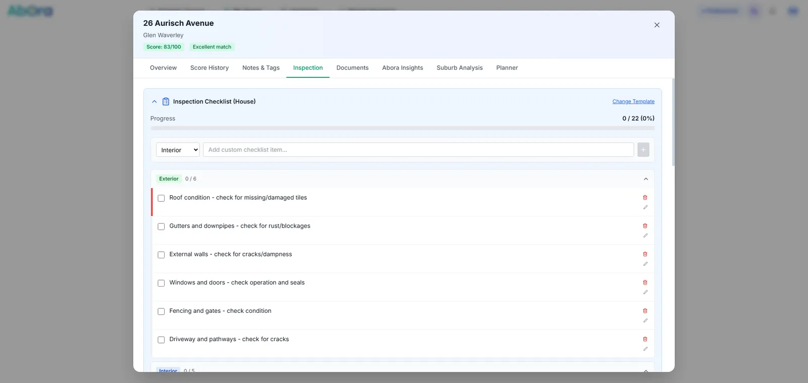 A single property open, showing written notes, tags, uploaded inspection photos and a due diligence checklist.