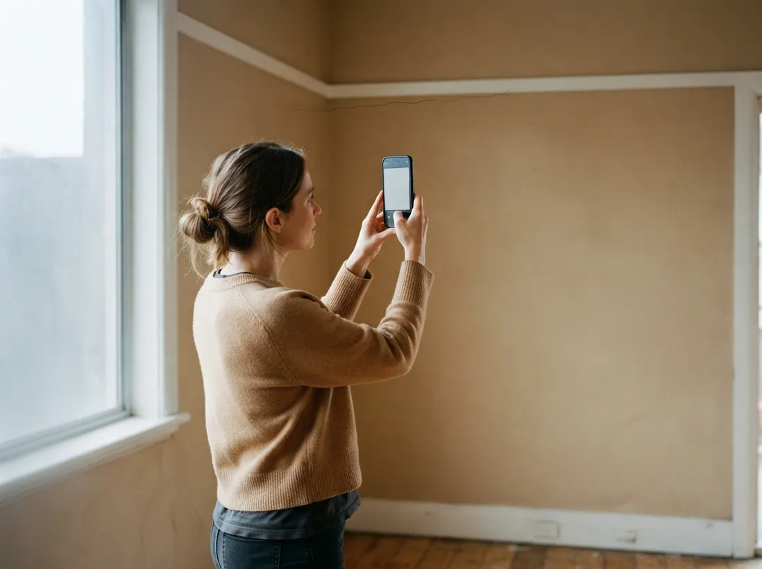 A woman at an open inspection photographing a hairline crack where the wall meets the cornice.