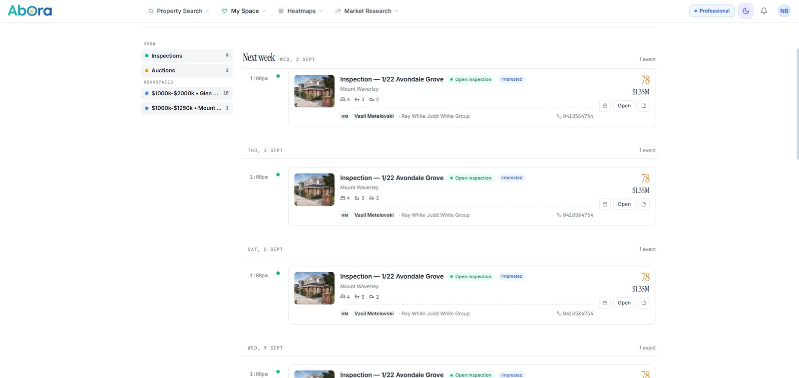 The planner view showing inspection and auction times across several properties on one timeline.