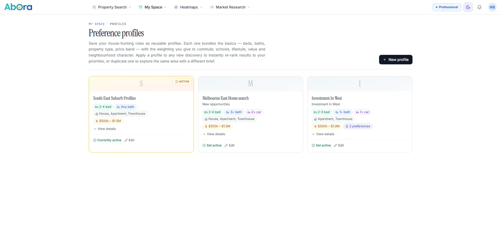The saved search profiles view, showing named criteria sets with weighted preferences.