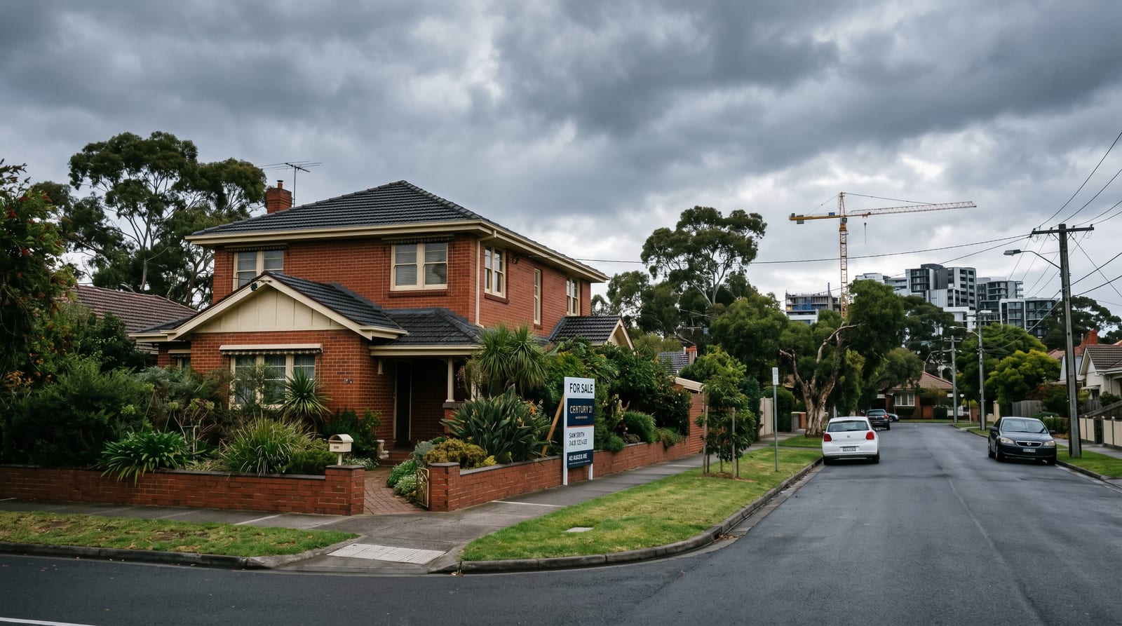 Established Australian house with For Sale sign and construction crane on the horizon representing the 2026 Federal Budget property tax reforms