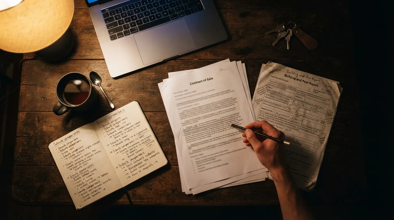 A woman reviewing a property research dashboard on a laptop at a kitchen bench, a printed contract of sale beside her