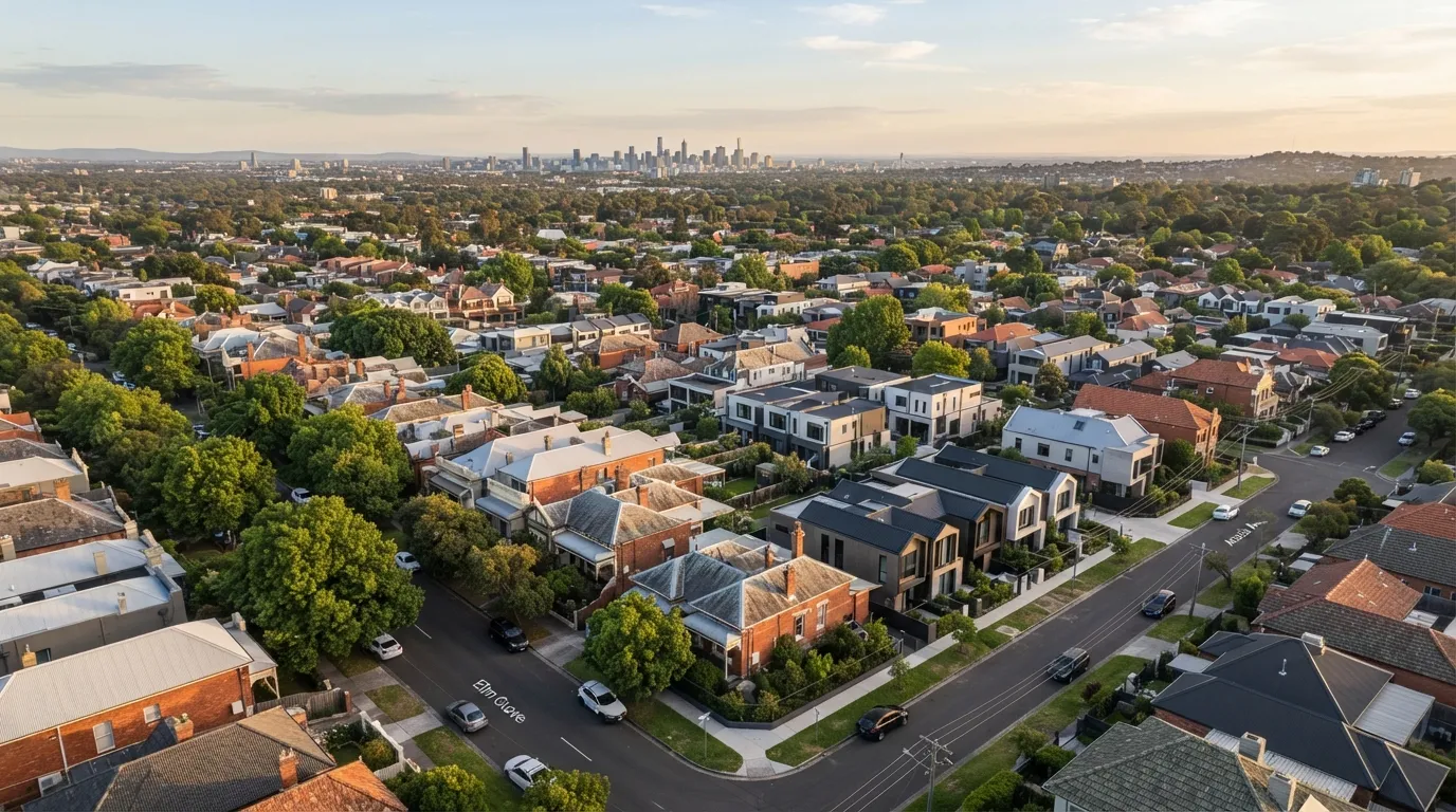 Elevated view over a Melbourne suburban streetscape at golden hour, representing the scale of property data buyers need to navigate