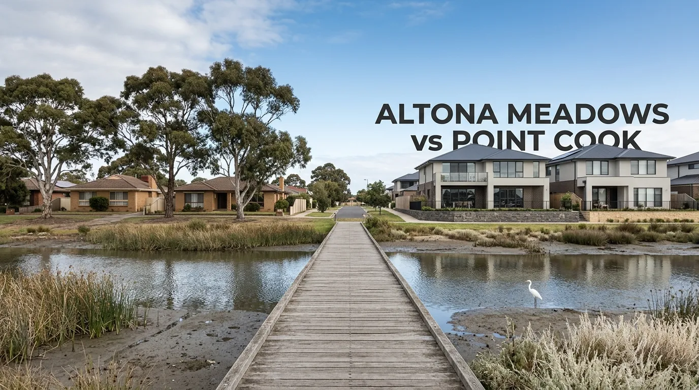 Collage of a faded 1990s photo of an established Altona Meadows street torn against a modern drone shot of a Point Cook estate, with birds flying across both