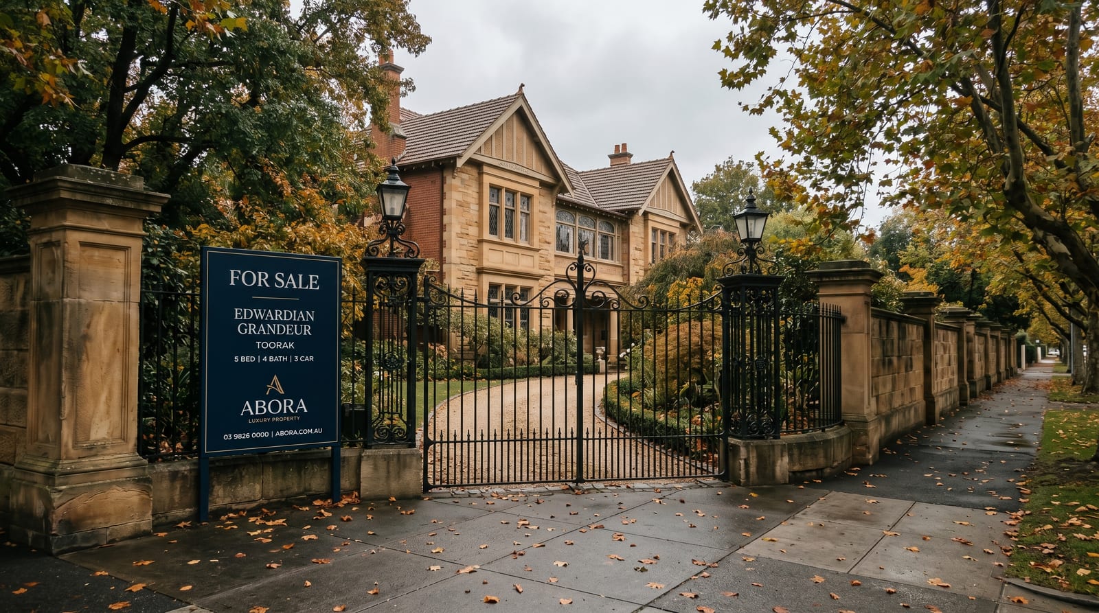 For Sale board at the gates of a prestige Toorak home on a quiet tree-lined street