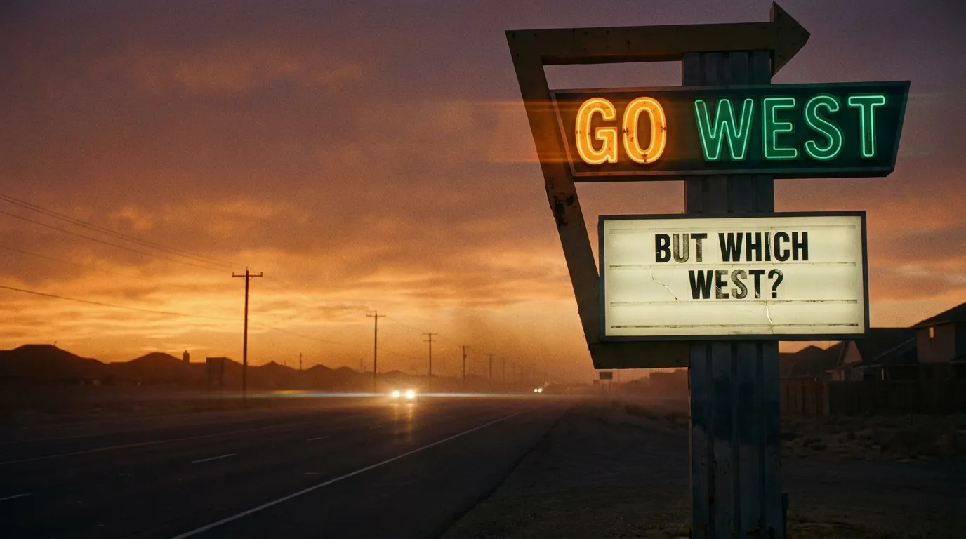 A Western movie-style poster titled Go West showing a railway line running to a golden sunset between suburban rooftops