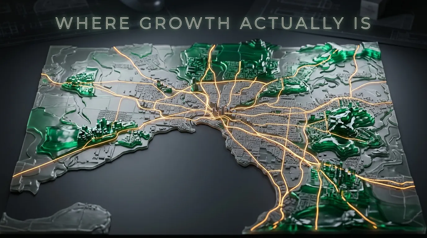 A 3D skyline of stacked miniature houses shaped like a glowing green bar chart under the title Where Growth Actually Is