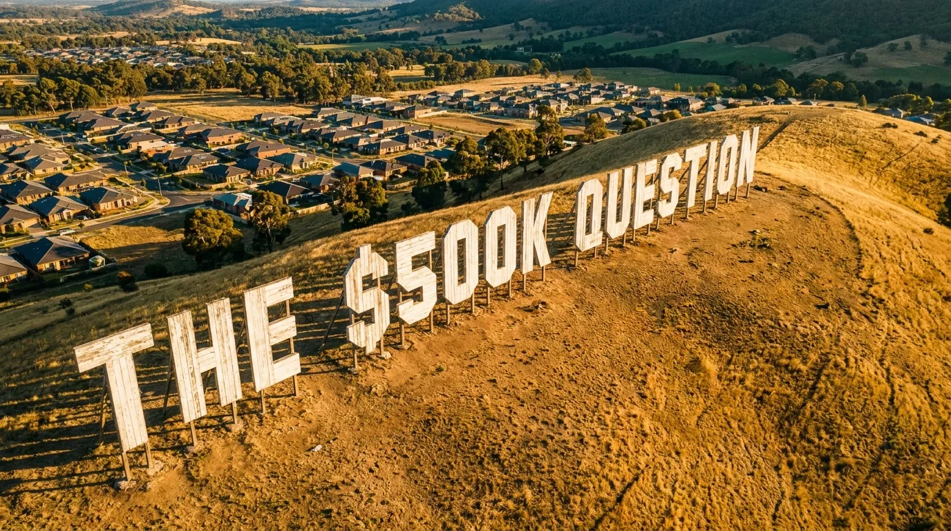 A frosted glass card reading The $500K Question floating over a blurred street of new townhouses in outer Melbourne