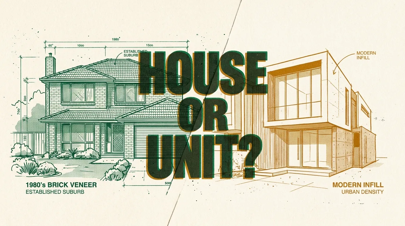 A symmetrical split image of an older brick house and a modern townhouse, both tagged $600K, under the title House or Unit?