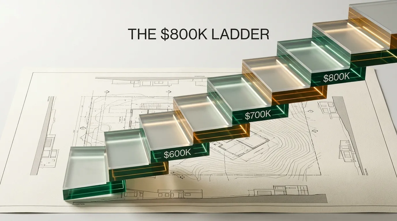 Eleven miniature model houses climbing a staircase of wooden blocks with price flags from $600K to $800K