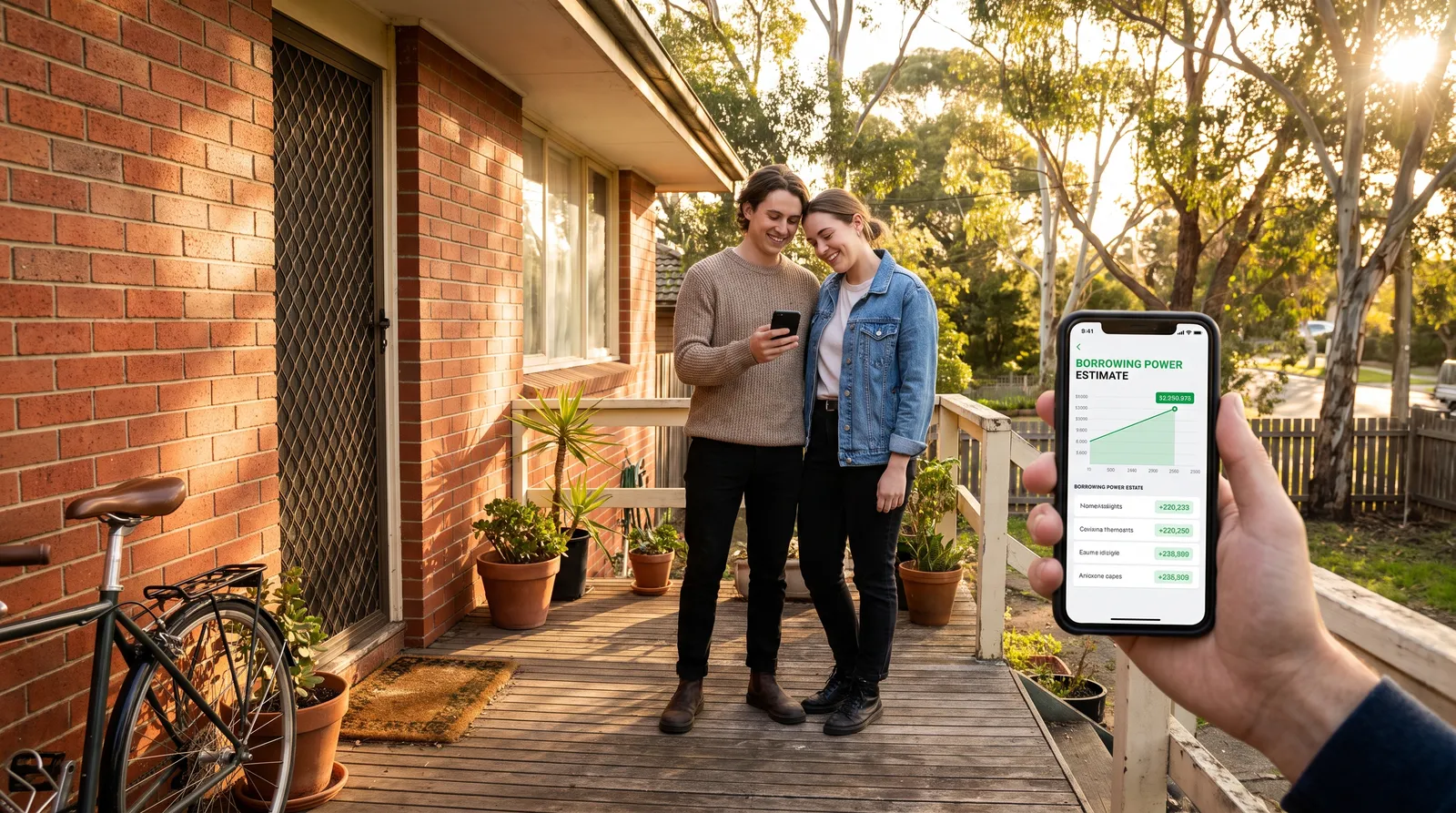 Young couple on the porch of an affordable Melbourne home checking their borrowing power on a phone