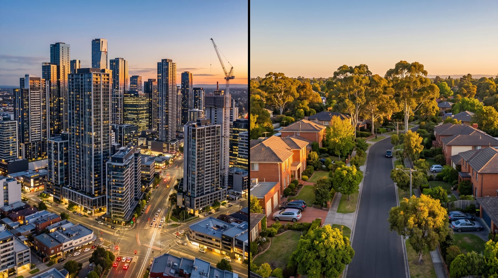 Header image contrasting Box Hill's rising high-rise skyline with Glen Waverley's leafy suburban streetscape