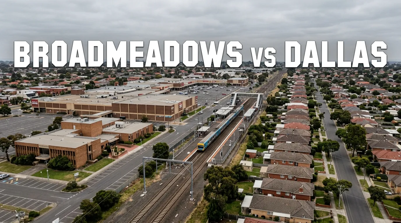 An elevated view across Melbourne's northern corridor showing the Broadmeadows rail line dividing civic buildings from rows of postwar brick-veneer houses