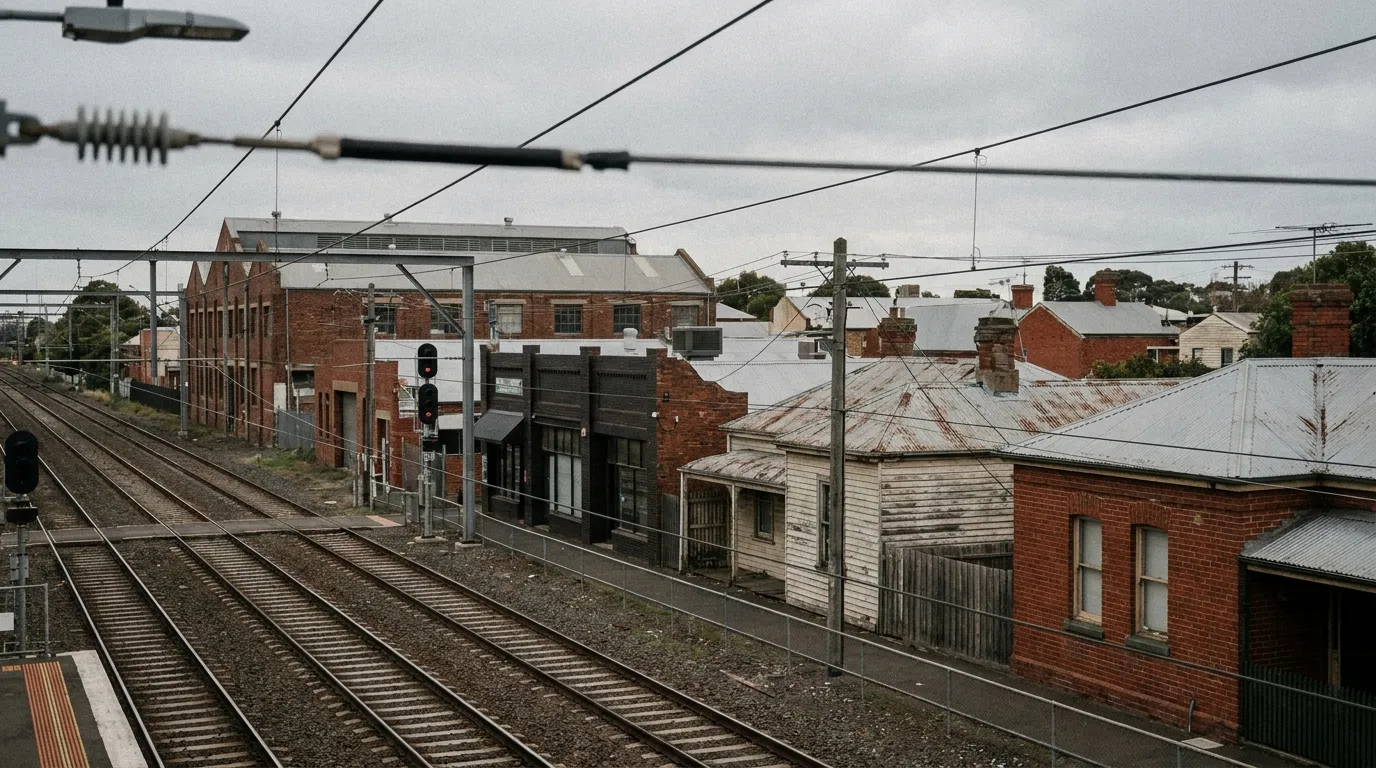An elevated view north along Melbourne's Upfield rail corridor where inner-city warehouse conversions give way to interwar houses